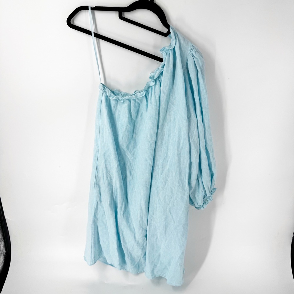 LAKE Women Light Blue 100% Linen One Shoulder Puff Sleeve Pocket Dress Small - Picture 2 of 8